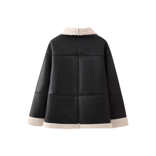 Damen angesagte Kunstlederjacke mit kuscheligem Innenfutter EB