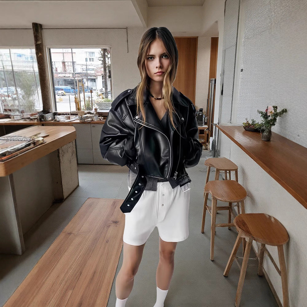 Damen modische Bikerjacke mit strukturiertem Design EB