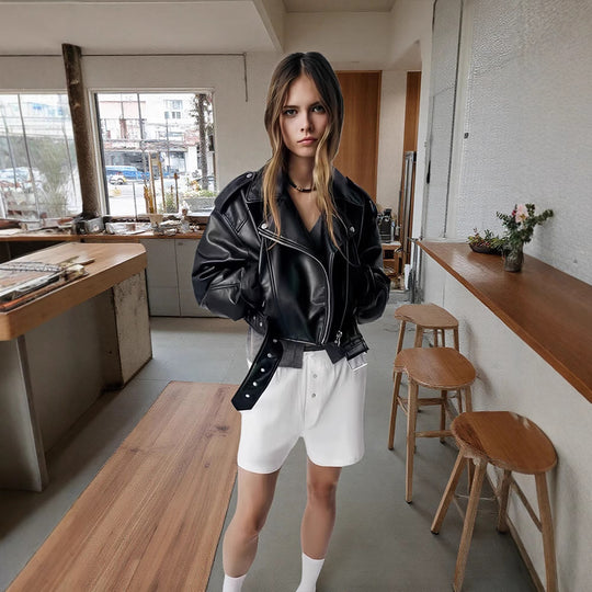 Damen modische Bikerjacke mit strukturiertem Design EB