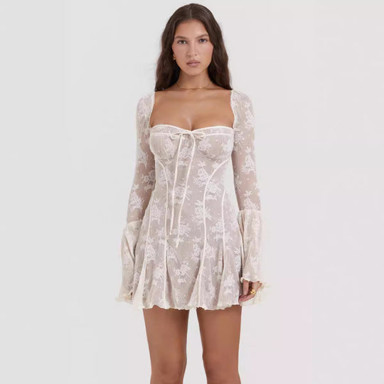 Damen romantisches Spitzenkleid mit Schnürung und flared Ärmeln EB