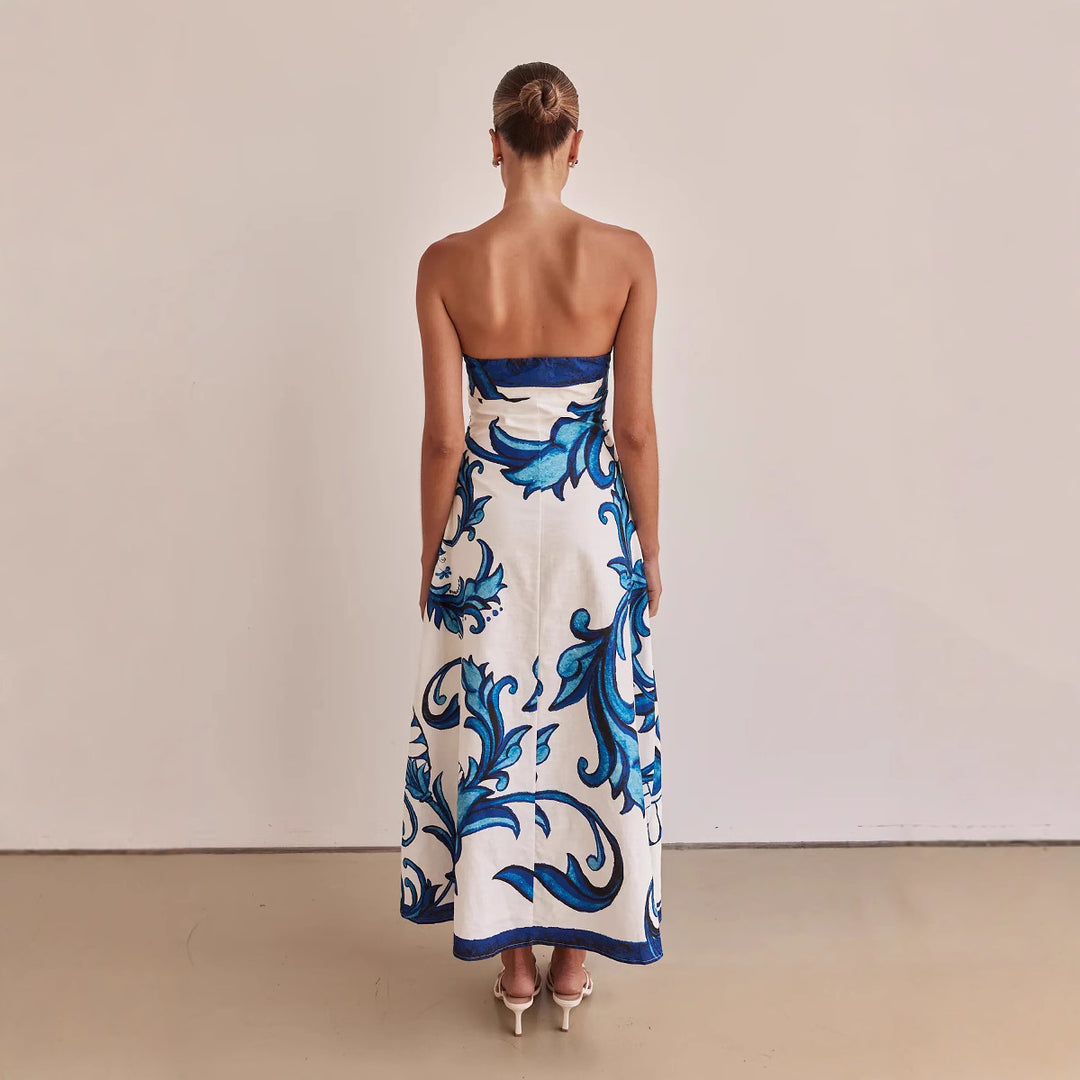 Damen Strapless Maxikleid mit floralem Design und elegantem A-Linien Schnitt EB