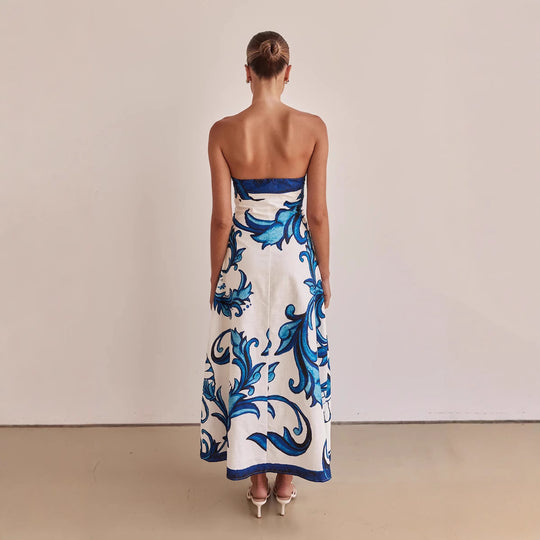 Damen Strapless Maxikleid mit floralem Design und elegantem A-Linien Schnitt EB