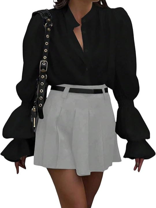 Damen Bluse mit eleganten Puffärmeln und zeitlosem Stehkragen EB