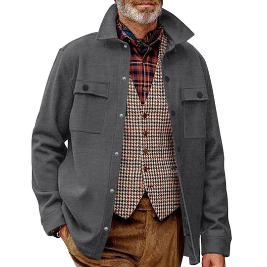 Herren Fleece-Hemdjacke mit zwei Brusttaschen und modischem Stehkragen EB