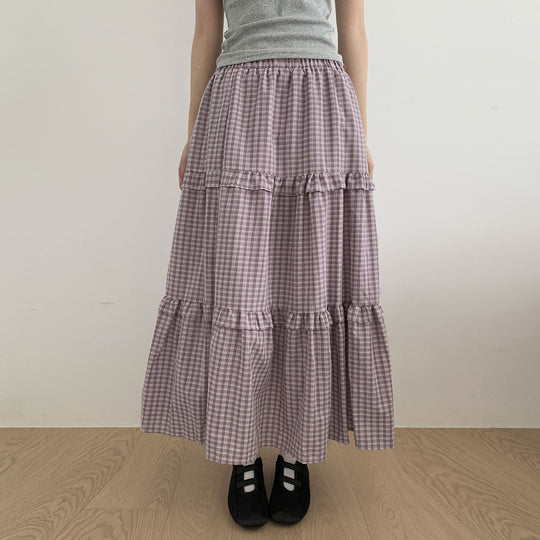 Damen Maxi-Rock mit Volant und Karomuster EB