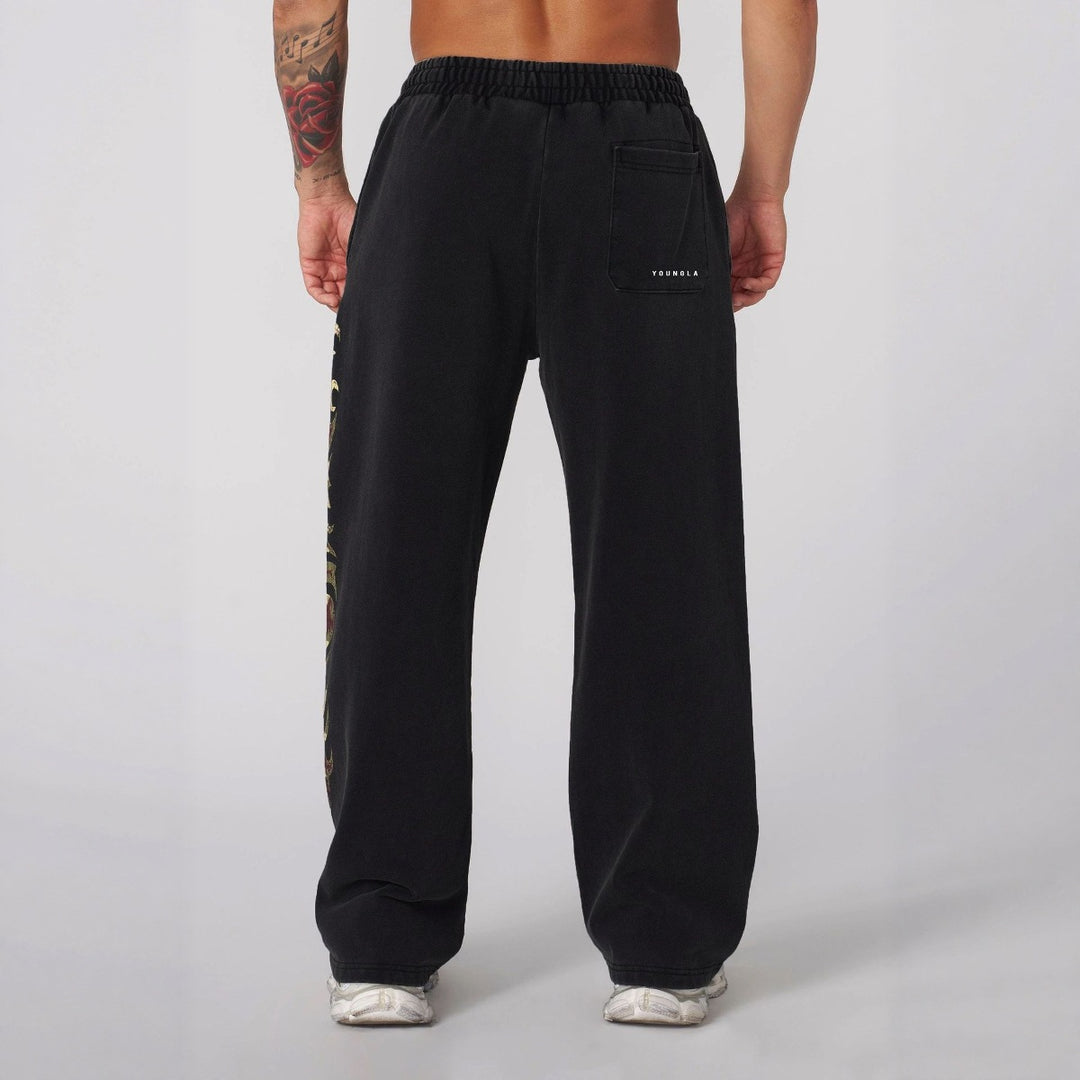 Herren nan weite Jogginghose mit elastischem Bund, Seitentaschen und detailreichem Schädel- und Rosenmotiv EB