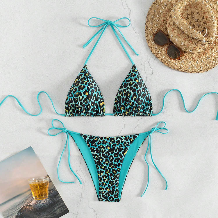 Damen Triangel-Bikini mit verstellbaren Bindebändern und tierischem Design EB