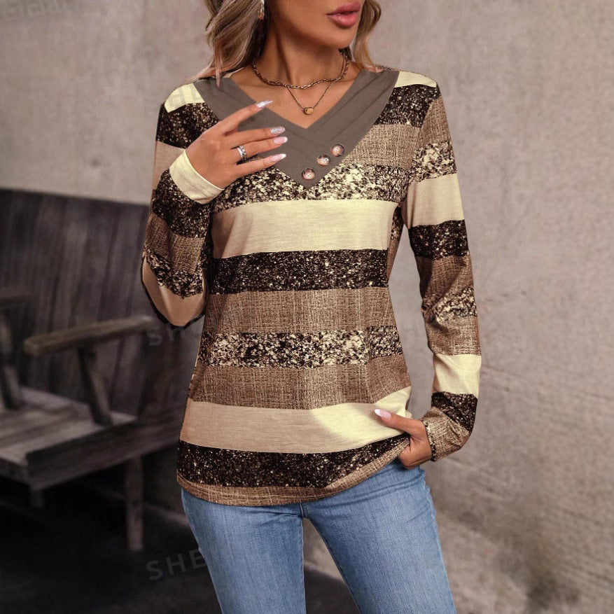 Damen modischer V-Ausschnitt Pullover mit Glitzerstreifen und Knopfdetails EB