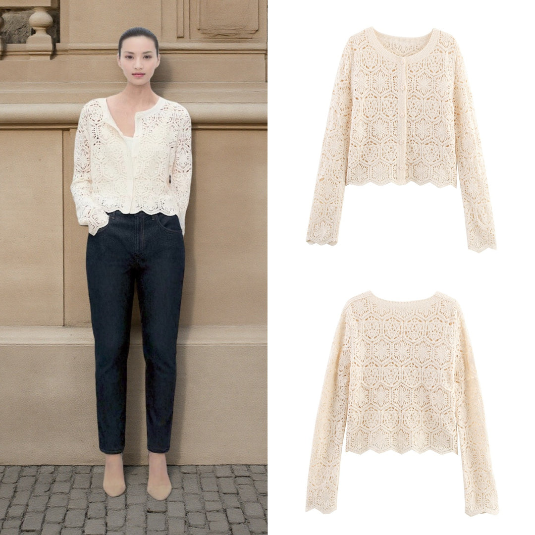 Damen lässige Strickjacke mit floralem Lochmuster und Knopfleiste EB