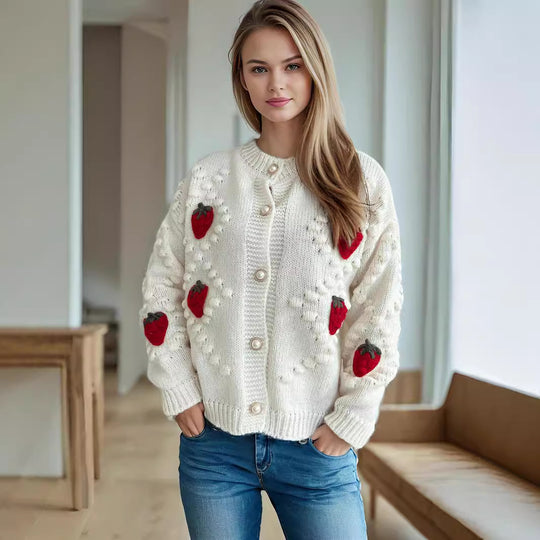 Damen Strickjacke mit verspieltem Erdbeermotiv und Knopfdetails EB