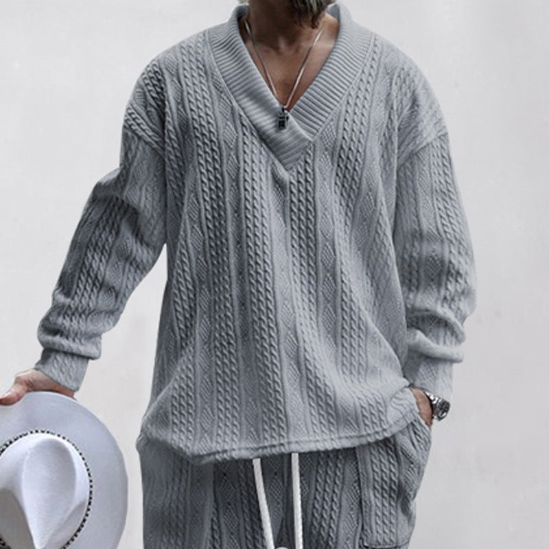 Herren nan Oversize Zopfmuster-Longpullover mit tiefem V-Ausschnitt und passender Strickhose EB
