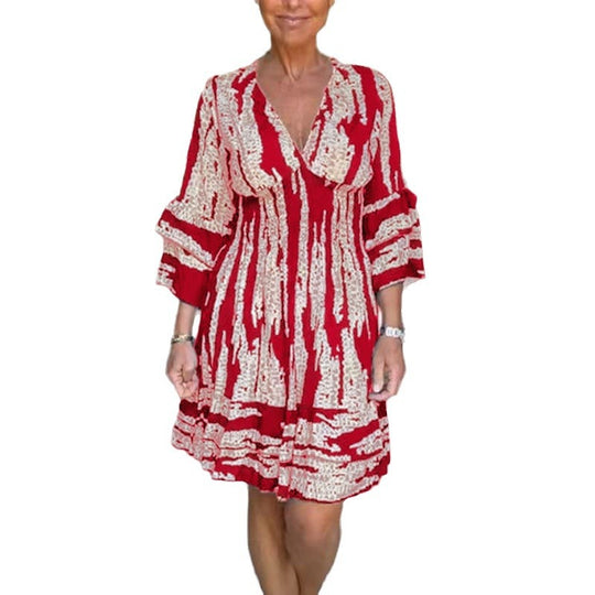 Damen lässiges Strandkleid mit V-Ausschnitt und weitem Rock EB