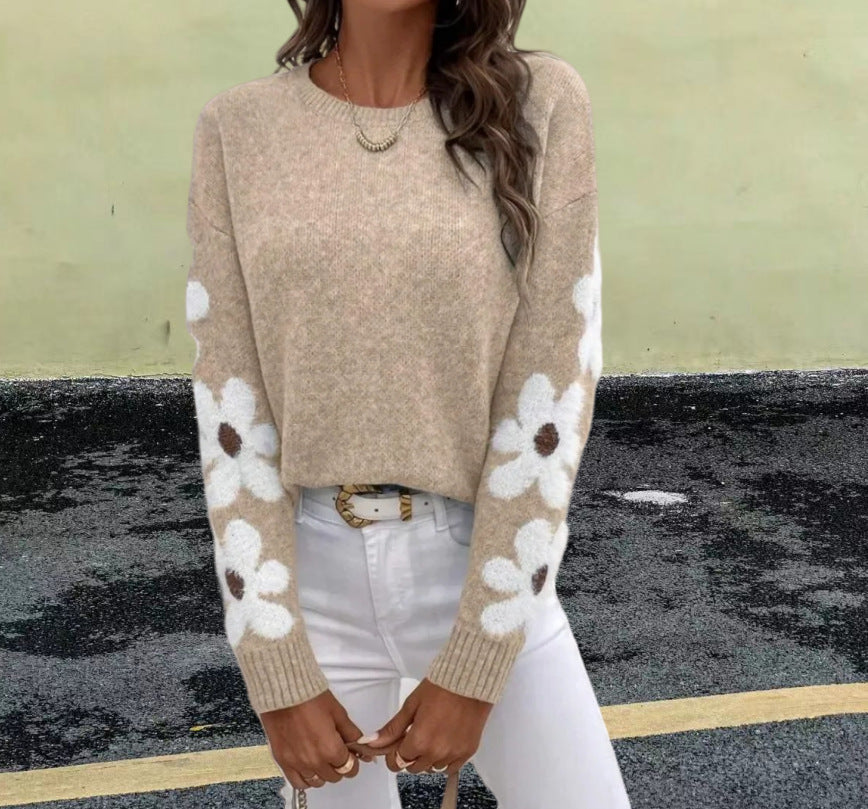 Damen Strickpullover mit floralem Muster und Rundhalsausschnitt EB
