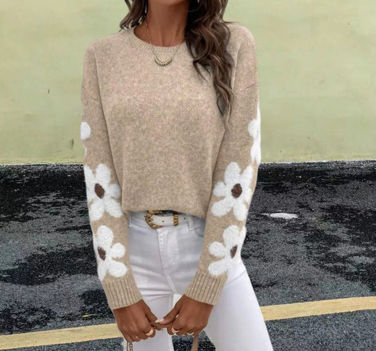 Damen Strickpullover mit floralem Muster und Rundhalsausschnitt EB