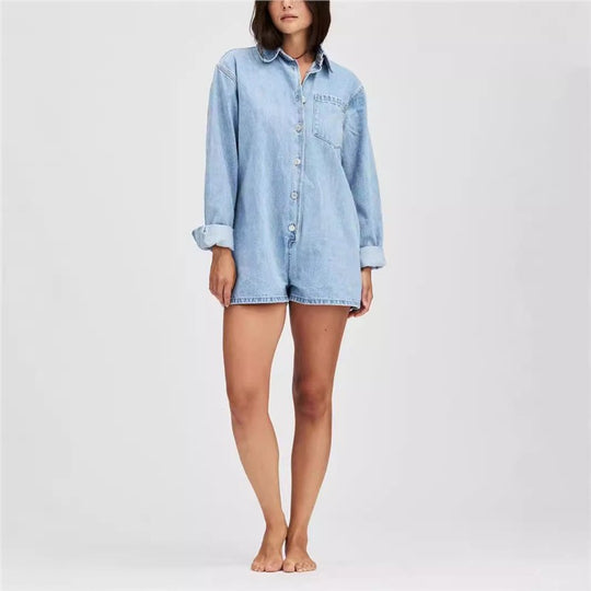 Damen Denim-Overall mit langen Ärmeln und klassischem Button-Up-Verschluss EB