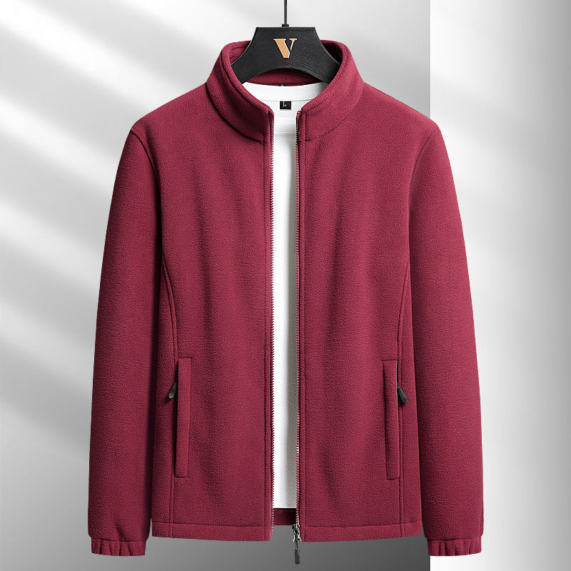 Herren minimalistischer Microfleece-Cardigan mit Stehkragen, Zwei-Wege-Reißverschluss und elastischen Bündchen EB