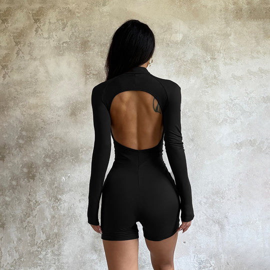 Damen figurausgleichender Langarm-Jumpsuit mit tiefem Ausschnitt und Reißverschluss EB