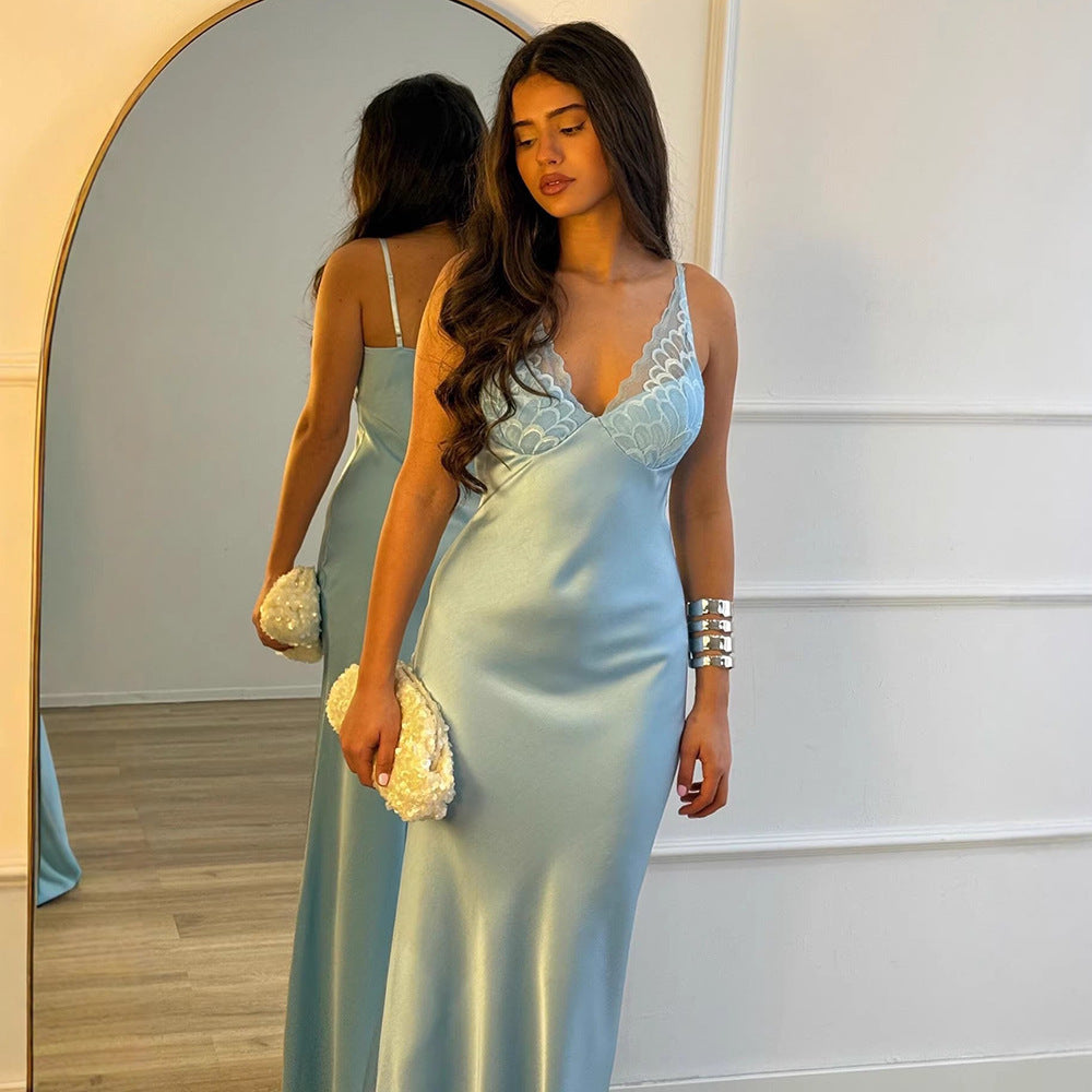 Damen Elegantes Seiden-Maxikleid mit Spitzenverzierung EB