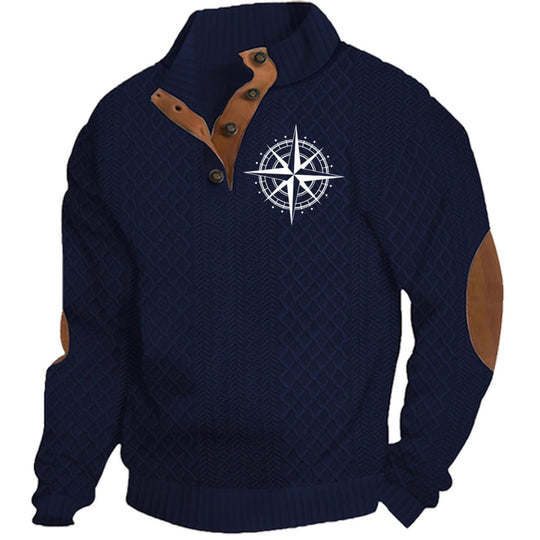 Herren nan Heritage-Strukturpullover mit Stehkragen Lederimitat-Besatz Ellenbogen-Patches und Halbknopfleiste EB