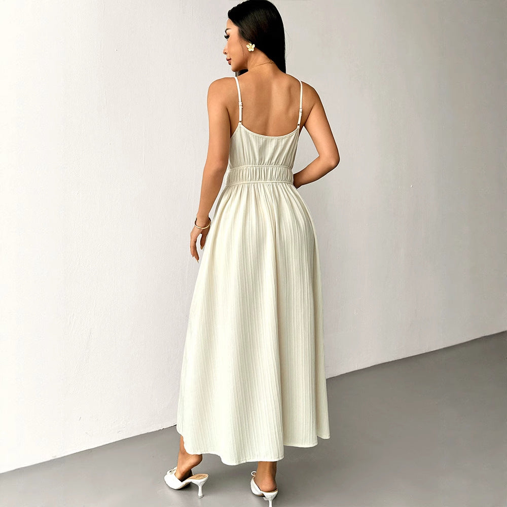 Damen Maxikleid mit verstellbaren Spaghettiträgern und elastischem Taillenbund EB