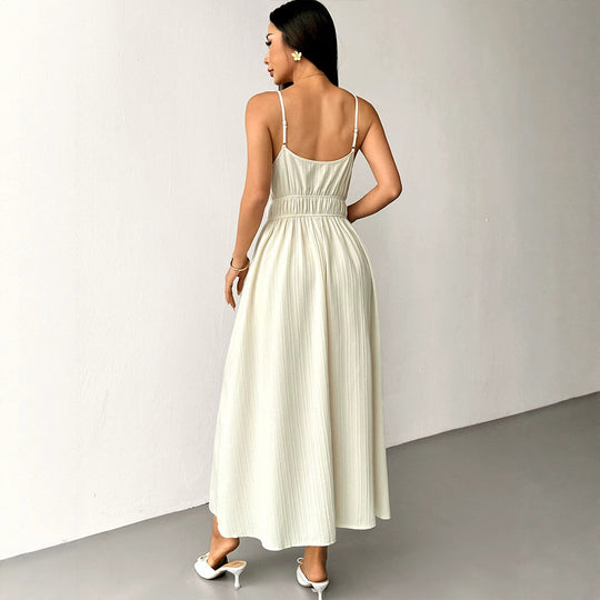 Damen Maxikleid mit verstellbaren Spaghettiträgern und elastischem Taillenbund EB