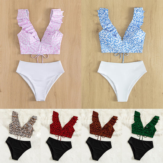 Damen Triangel-Bikini mit modischem Leopardenmuster und Rüschendetails EB