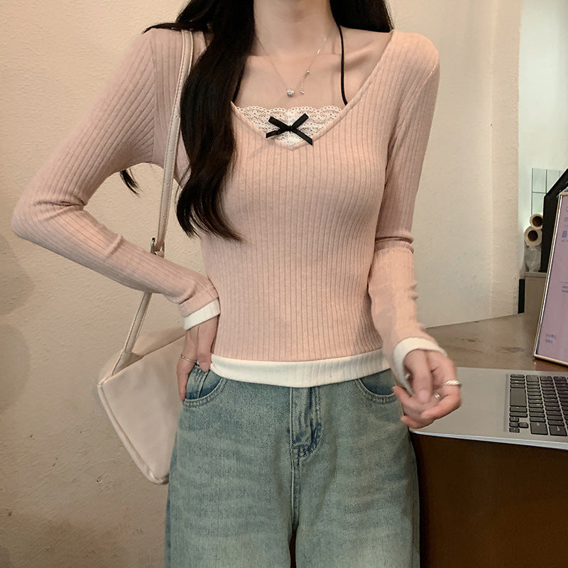 Damen Langarmshirt mit V-Ausschnitt und Spitzenakzenten EB