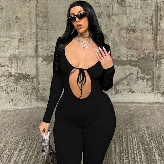 Damen Figurbetonter Langarm-Jumpsuit mit herzförmigem Ausschnitt und schnürbarem Detail EB