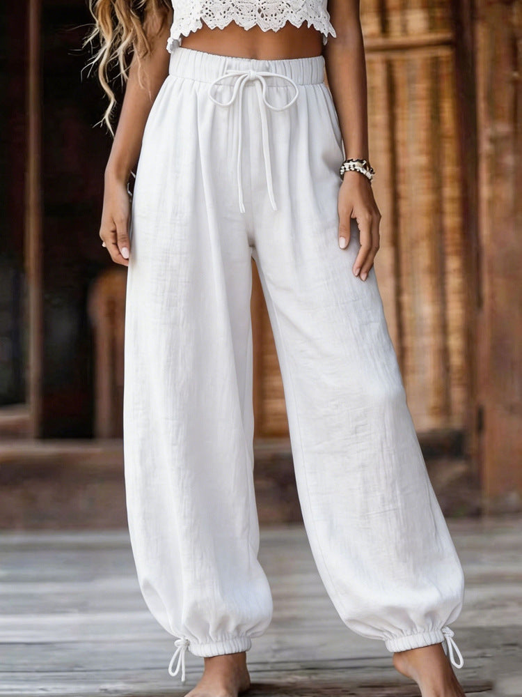 Damen Leichte Leinenhose mit weitem Bein und elastischem Bund EB