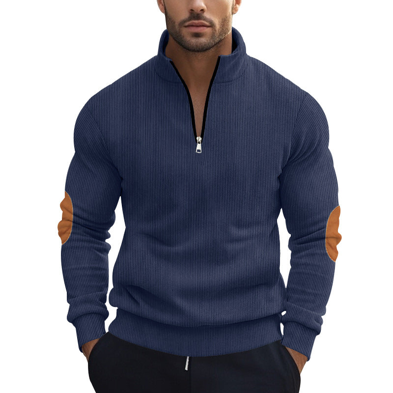 Herren nan strukturierter Baumwoll-Strickpullover mit halbem Reißverschluss und Ellenbogenbesatz EB