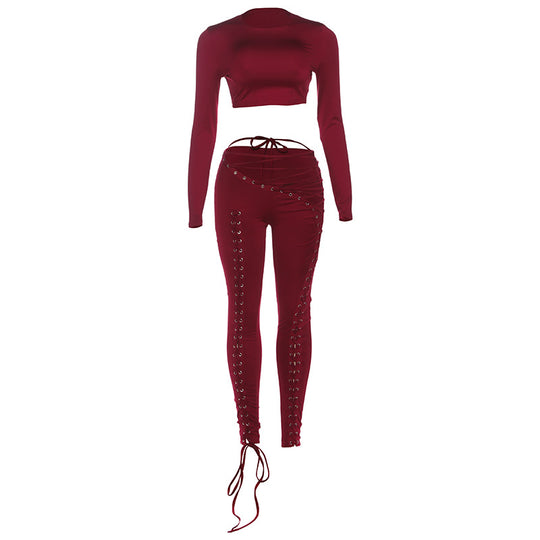 Damen Crop-Top und Hoch geschnittene Leggings mit Schnürdetails EB
