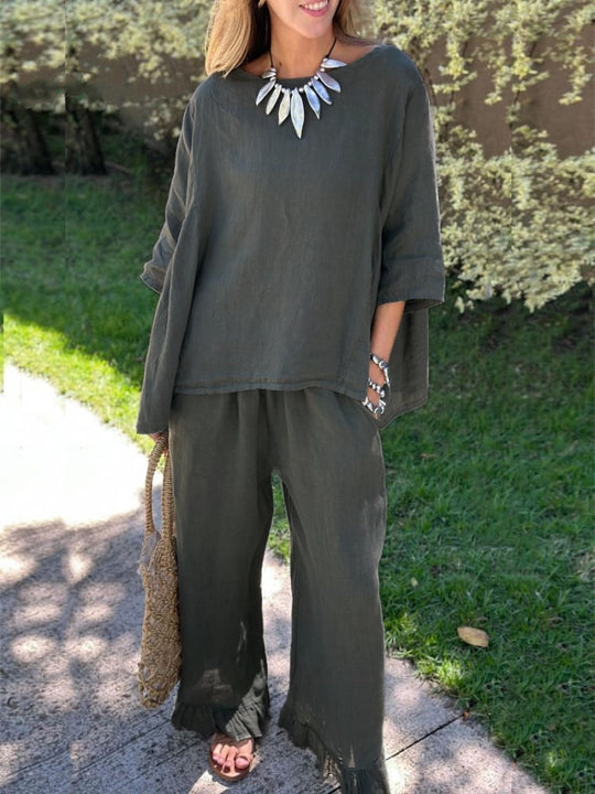 Damen lässiges Leinen-Outfit mit weitem Schnitt und angeschnittenen Ärmeln EB