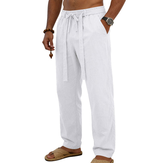 Herren nan leichte Leinen-Loungehose mit elastischem Tunnelzug, dekorativer Bundfalte und geradem Bein EB