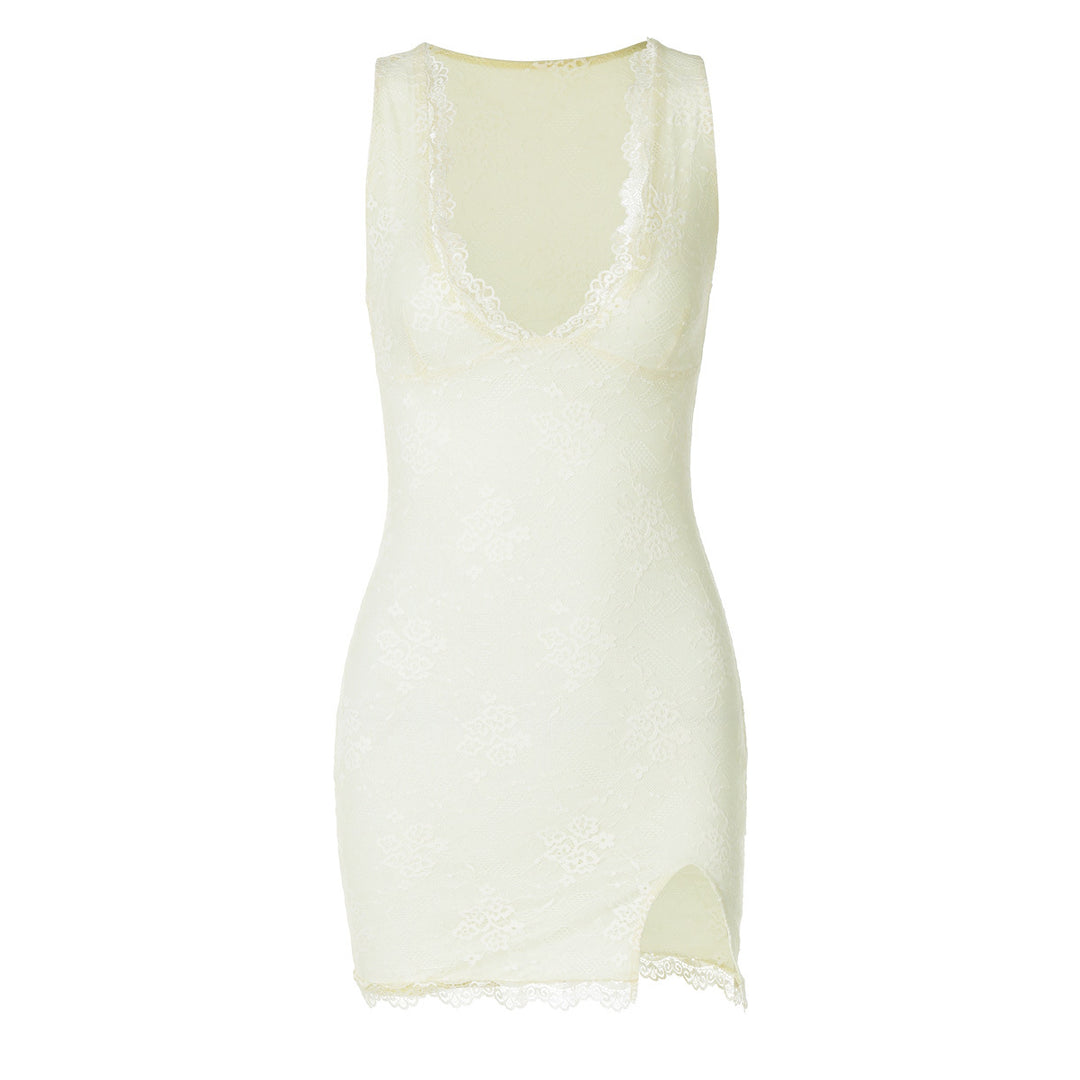 Damen Spitzenkleid mit tiefem V-Ausschnitt und seitlichem Schlitz EB