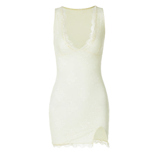 Damen Spitzenkleid mit tiefem V-Ausschnitt und seitlichem Schlitz EB