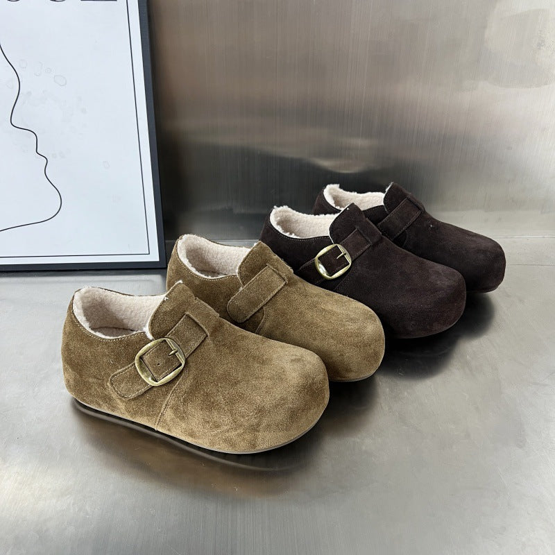 Damen Komfortable Wildleder-Clogs mit luxuriösem Fleece-Innenfutter und modischer Schnallenverzierung EB