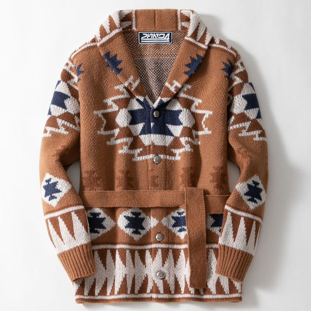 Damen Strickjacke mit geometrischem Muster und Gürtel EB