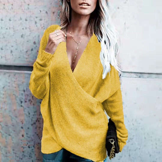 Damen Wickelpullover mit tiefem V-Ausschnitt und lockerer Passform EB