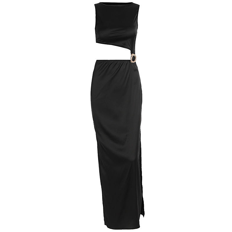 Damen Maxi-Kleid mit asymmetrischem Oberteil und stilvollem Gürtel EB