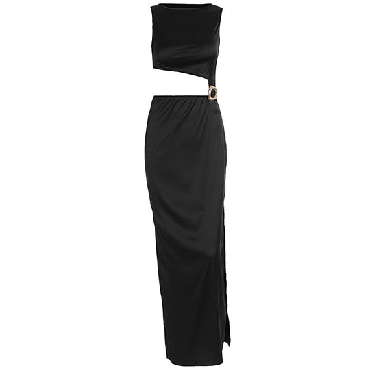 Damen Maxi-Kleid mit asymmetrischem Oberteil und stilvollem Gürtel EB