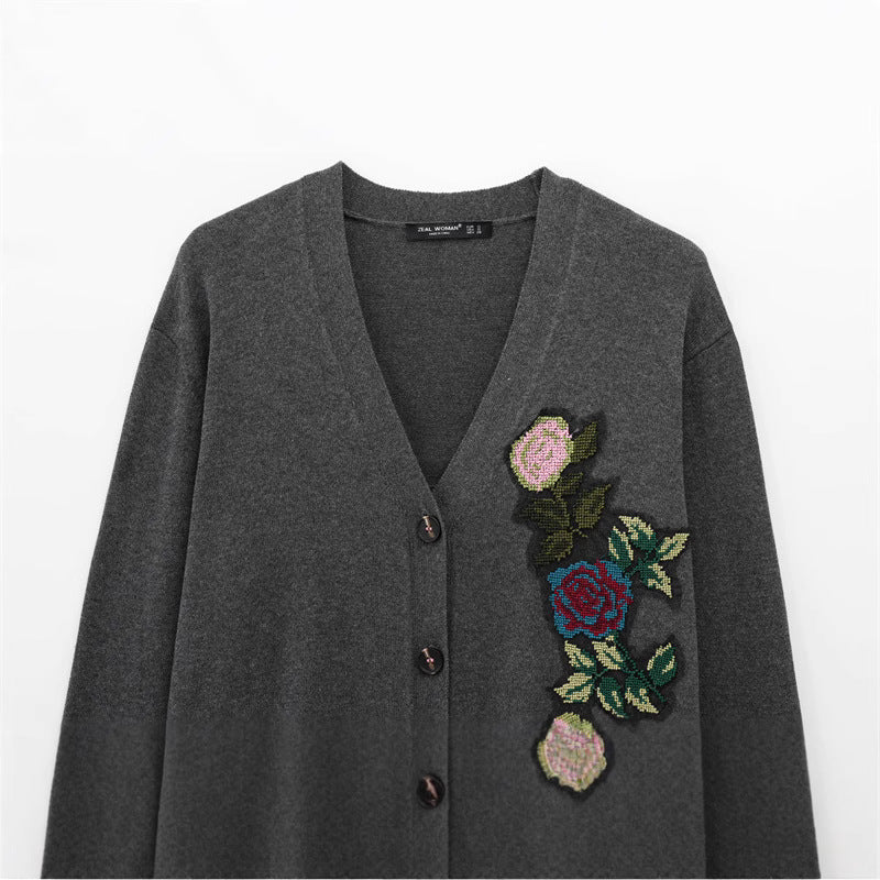 Damen Strickjacke mit floralem Stickdesign EB