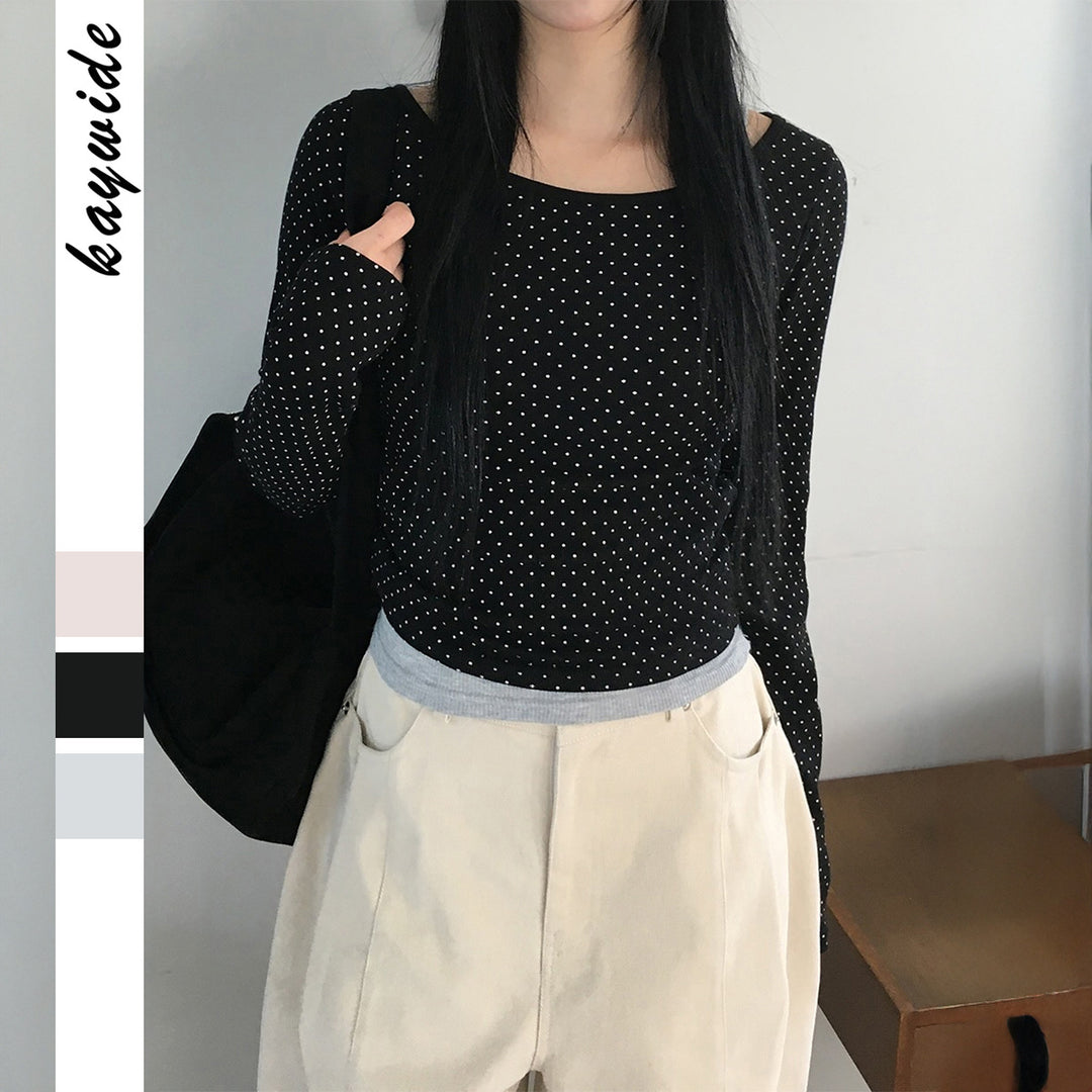 Damen nan geripptes Crop-Longsleeve mit feinem Pünktchenmuster und U-Ausschnitt EB