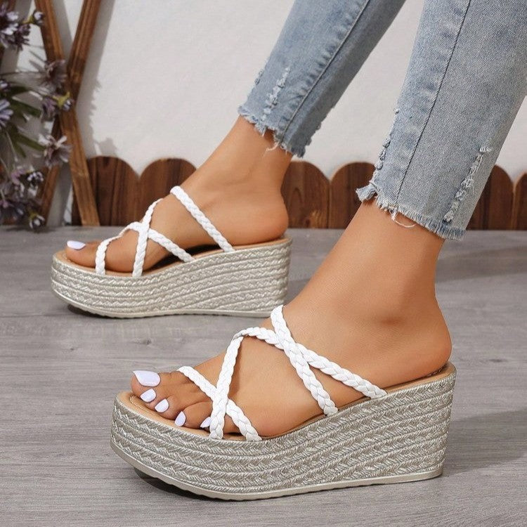 Damen Plattform-Sandalen mit geflochtenem Riemendesign und modischem Absatz EB
