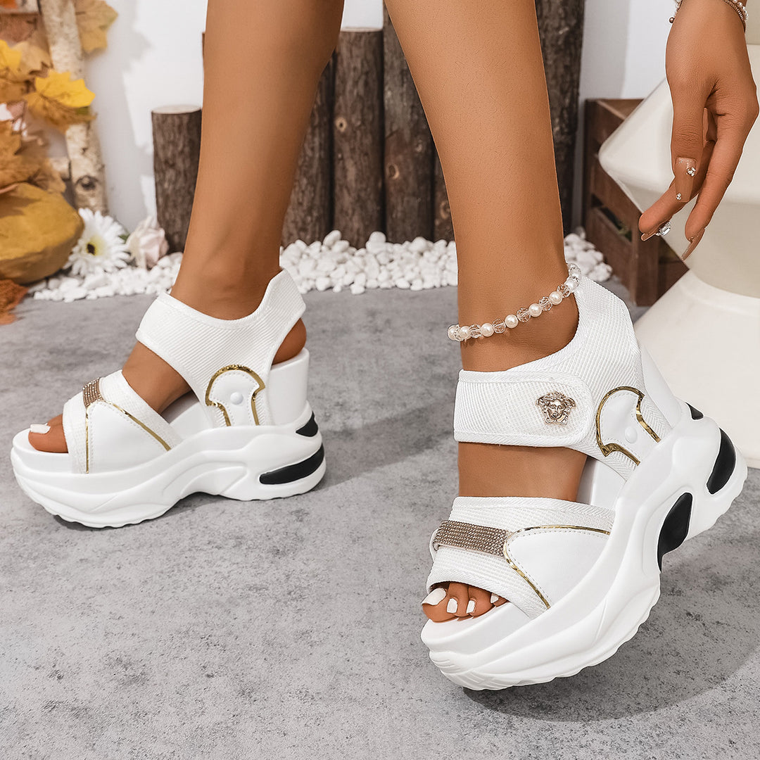 Damen nan wuchtige Plateausandale mit ergonomischer Wellensohle Klettverschluss und goldenen Zierapplikationen EB