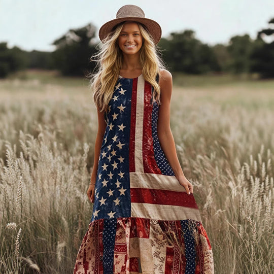 Damen Ethno-Inspirierte Maxikleid mit Flaggenmuster und Rüschensaum EB