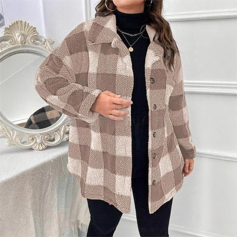 Damen kuschelige Karojacke mit Knopfverschluss und oversized Schnitt EB