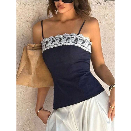 Damen Spaghetti-Träger Top mit elegantem Spitzenrand EB