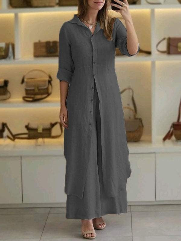 Damen nan langes Leinen-Hemdblusenkleid mit durchgehender Knopfleiste, Hemdkragen und dezentem A-Linien-Schnitt EB