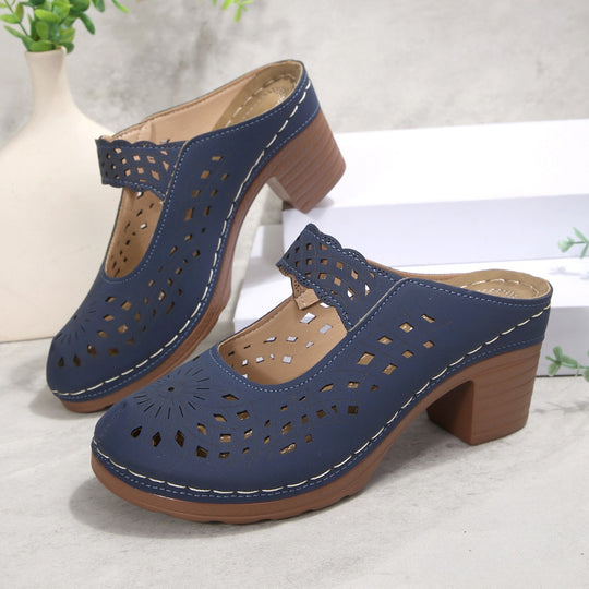 Damen Modische Clogs mit floralem Cut-Out-Design und komfortablem Blockabsatz EB