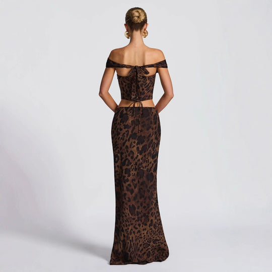 Damen Elegantes Set aus Crop-Top und Maxirock mit Leopardenmuster EB